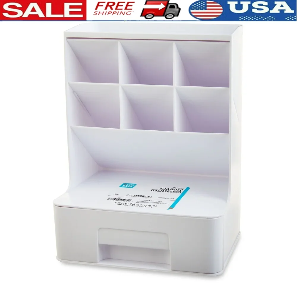 

White Tall Desktop Organizer Plastic Storage Solution with Drawer Office School Supplies Crafts Durable and Space-Saving