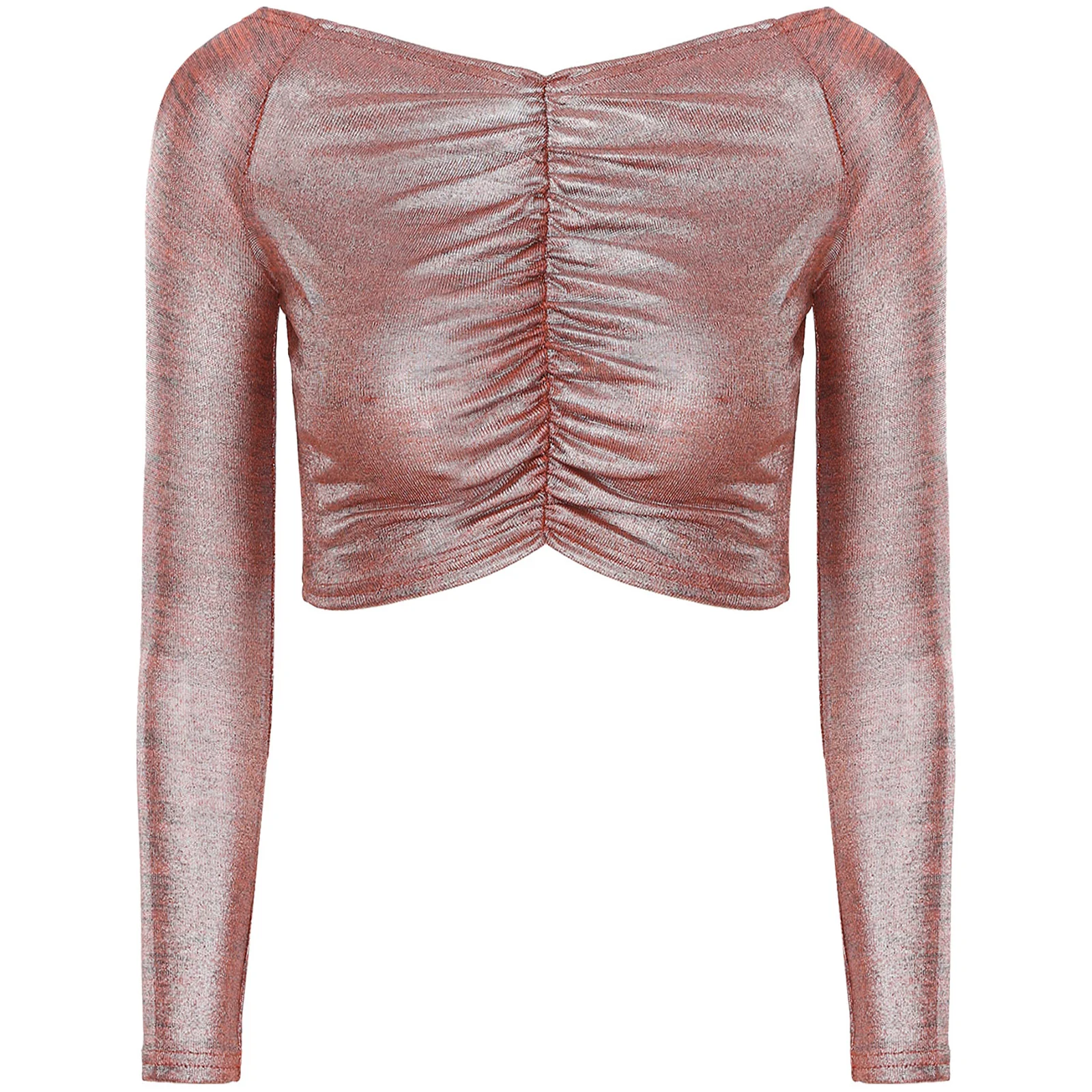 Womens Fashion Ruched Crop Top Solid Color Long Sleeve Shimmery T-shirt Tops for Club Rave Party Music Festival Clothings