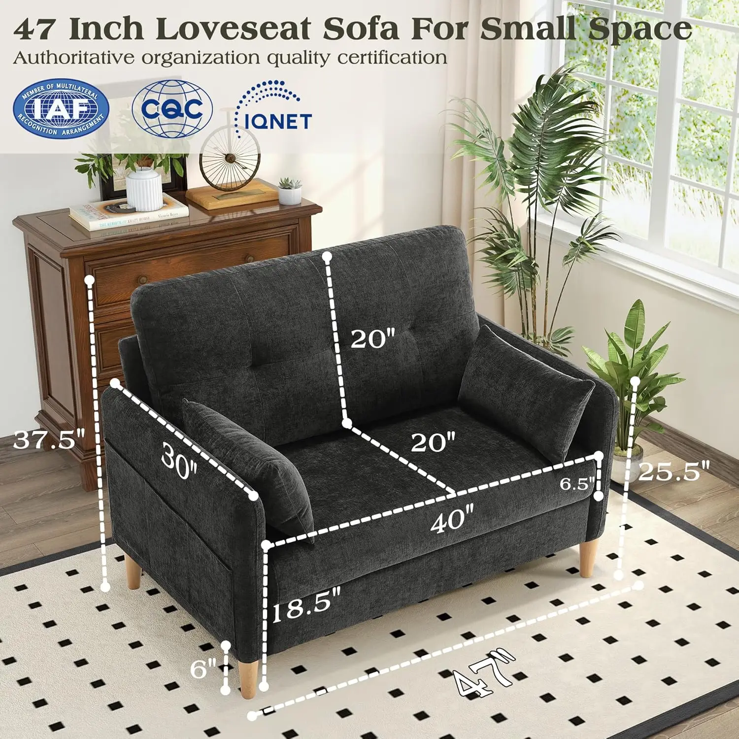 sofá de loveseat de tecido de chenille confortável com almofadas removíveis e almofadas para espaços pequenos da sala