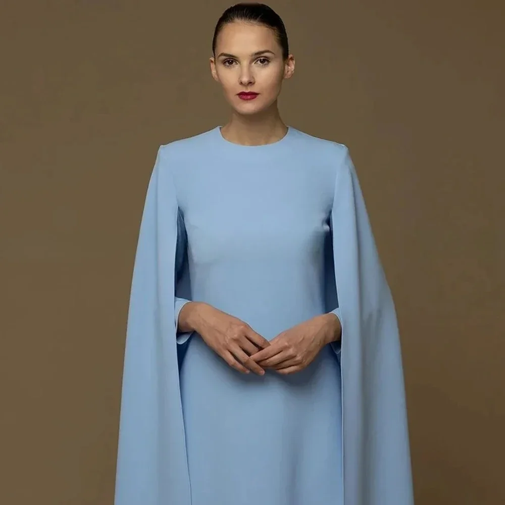 Elegant Sky Blue Short Mother of the Bride Formal Dresses O-neck Cap Sleeves Satin Wedding Guest Party Dress Robe De Soiree
