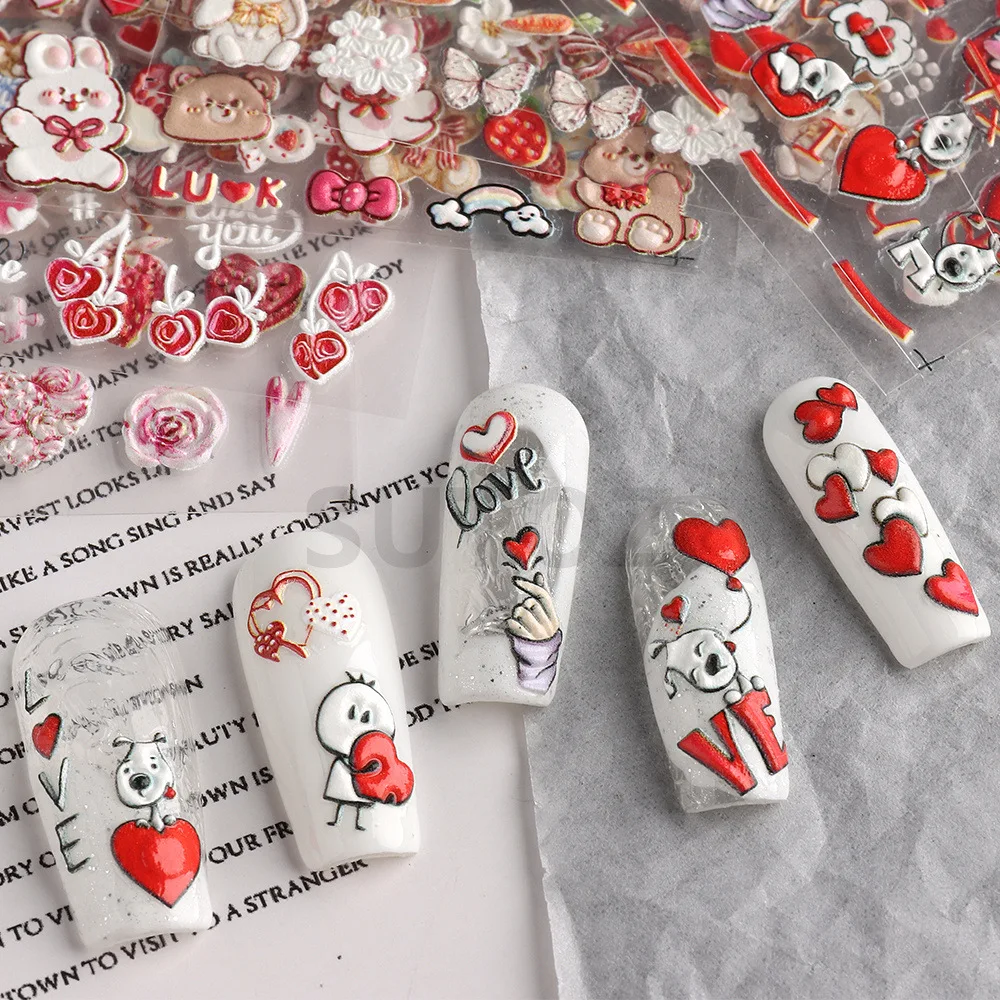 

1Pcs 5D Embossed Nail Stickers Cartoon Lover Valentines Day Nail Decals Chocolate Hearts Relief Sliders Bears For Manicure