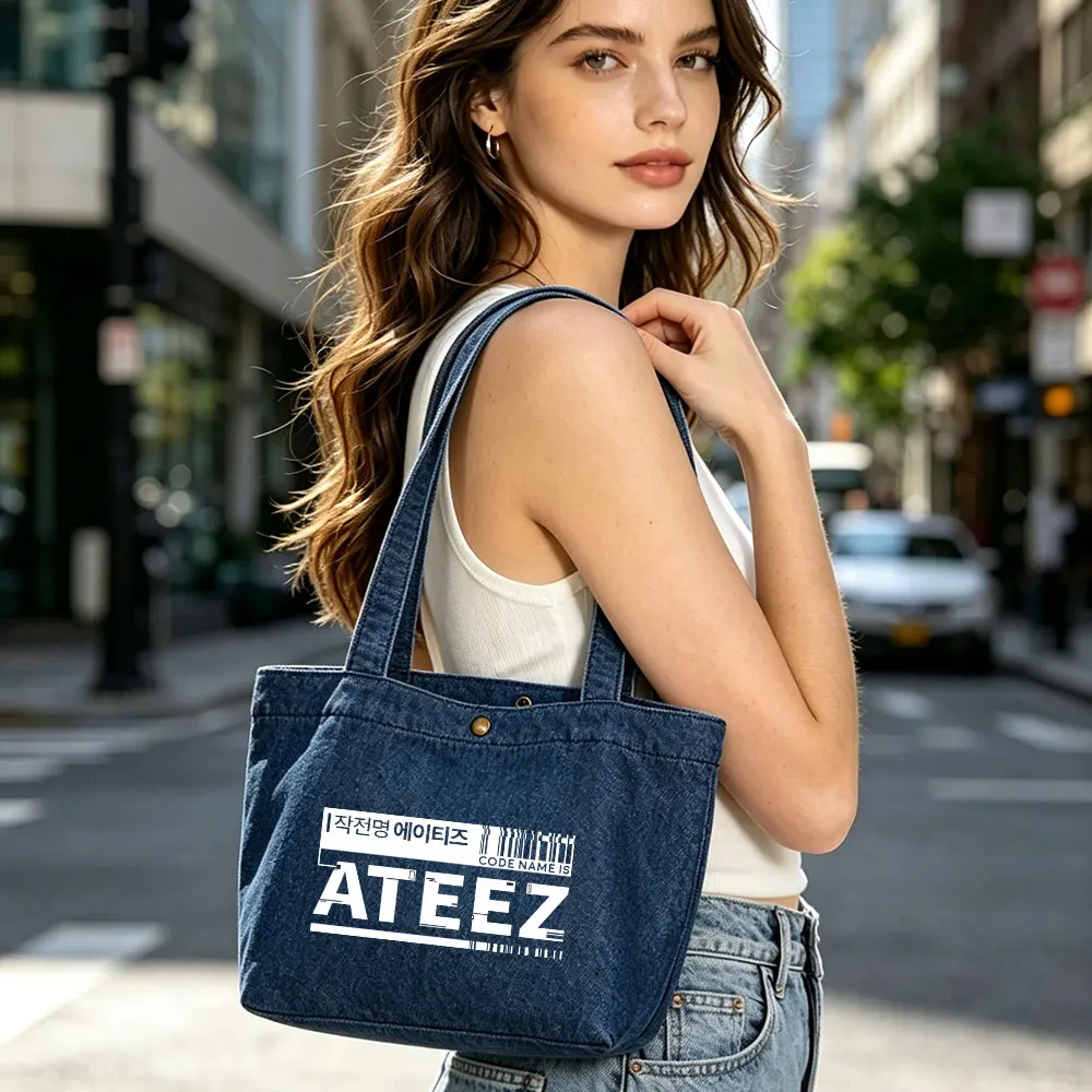 Kpop CODE NAME IS ATEEZ Tote Bag Women Small Denim Shoulder Bag for Beach Travel Shopping
