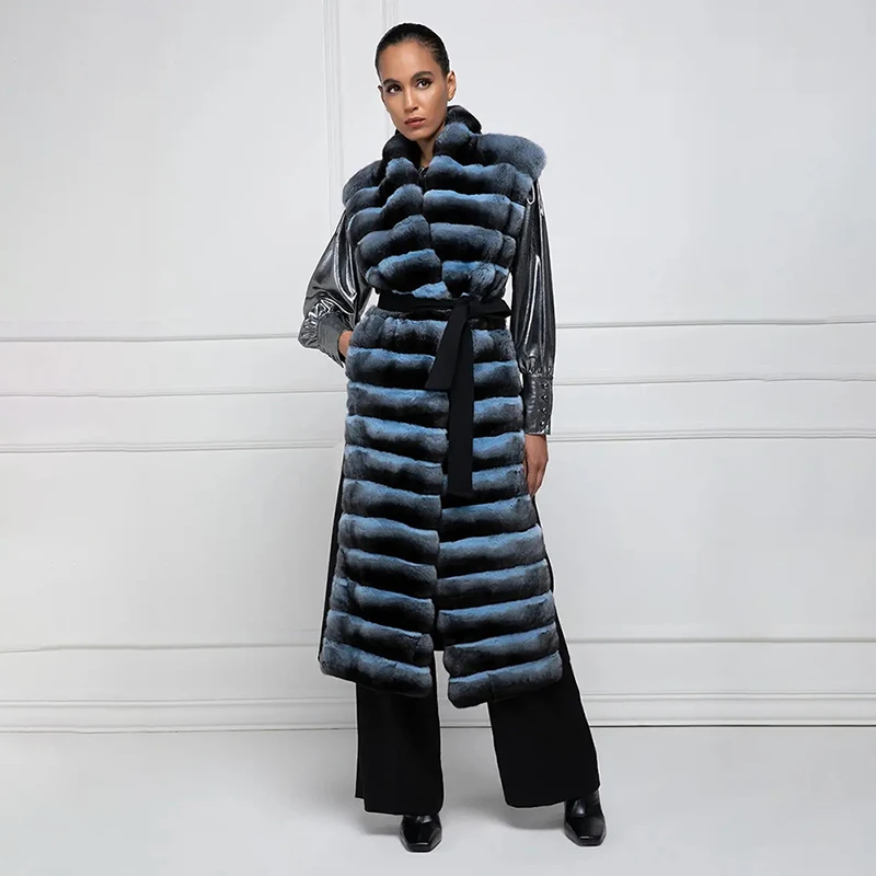 Natural Rex Rabbit Fur Patchwork Woolen Jacket Women Autumn Winter New Sleeveless Belt Straight Real Fur Coat Female