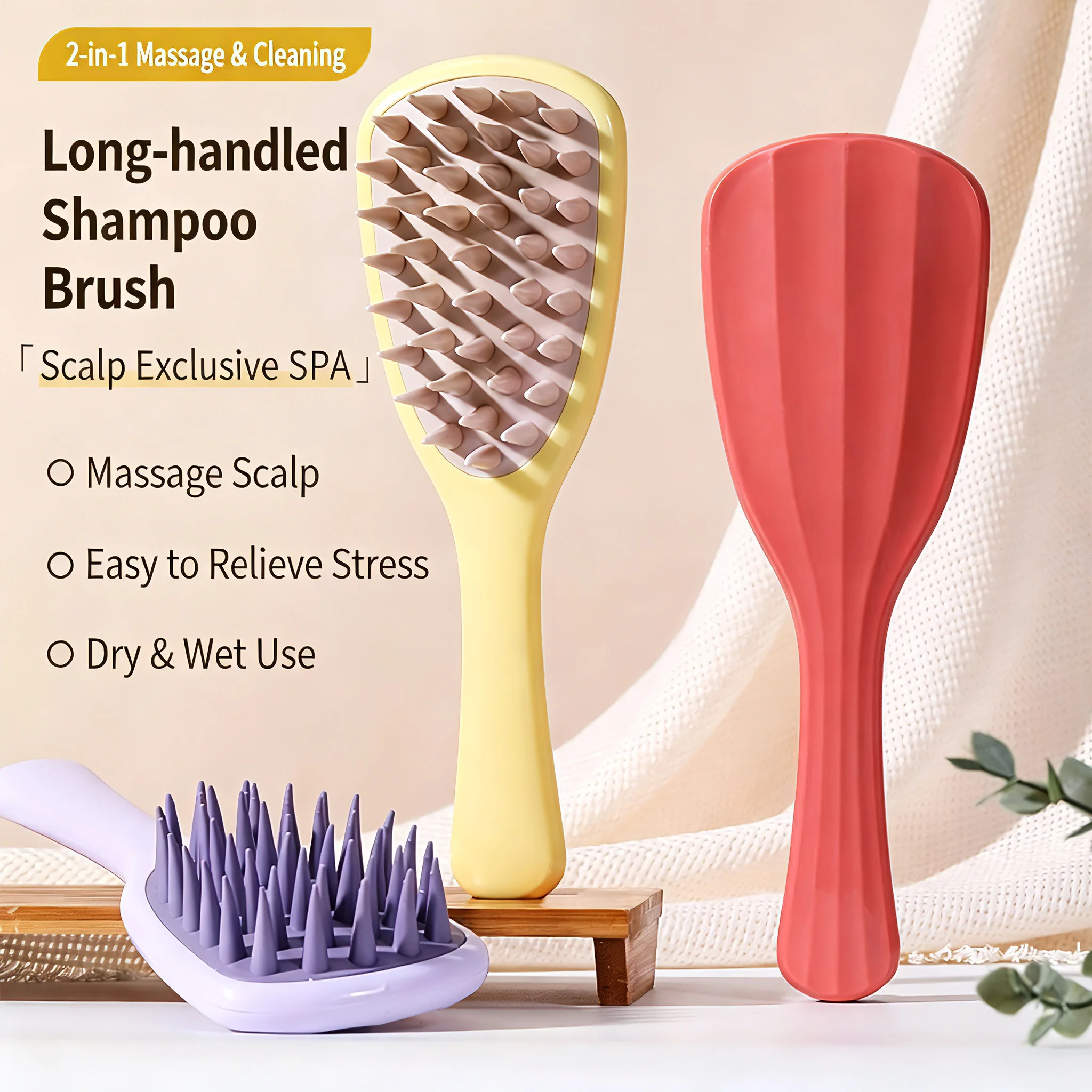 Long-Handle Silicone Hair-Washing Scrubber Massager Thick-Tooth Hand-Held Shampoo Comb for Easy Cleaning