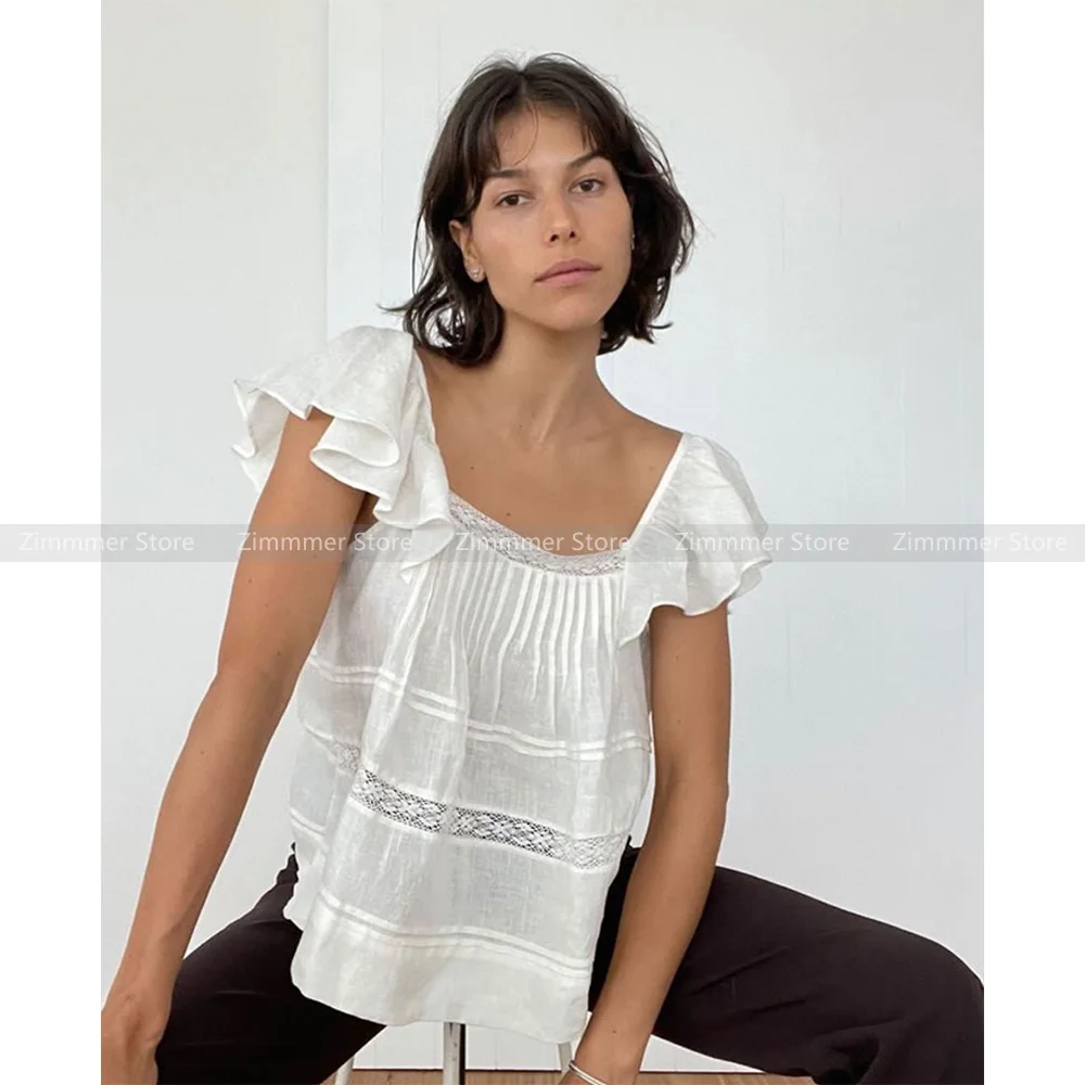 

French niche delicate lace edge small fly sleeve linen pressed pleated thin and versatile tops