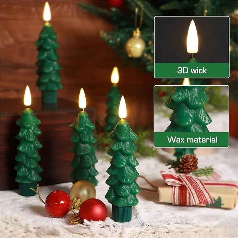 A008 6Pcs Christmas Tree Candles Real Wax Flameless Taper Candles Battery Operated LED Window Candle Home Holiday Decor