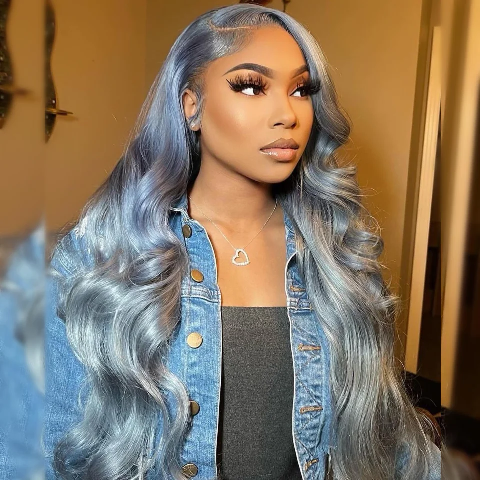 36 Inch Ice Blue Body Wave 4x4 Lace Closure Wigs Human Hair Wig Pre-Plucked Transparent Remy Hair 180 density Clearance Wig