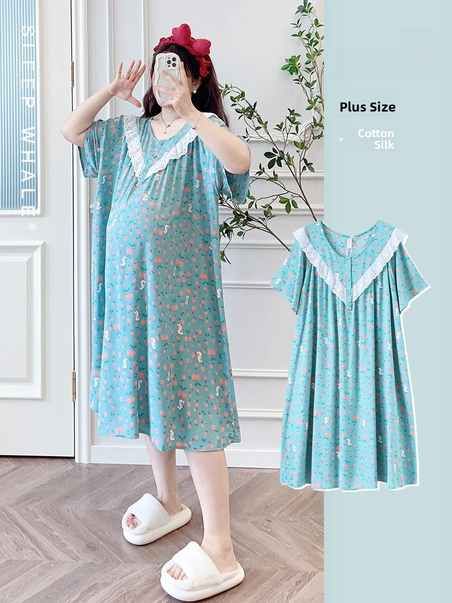 

Extra Large Size Lace Trimmed Ultra Thin Cotton Silk Sp Dr plus Size Summer ort Sve Loose Materni Dr