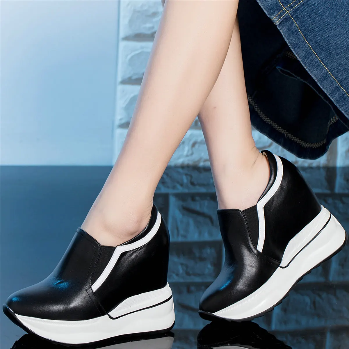 12cm Super High Heels Shoes Women Slip On Genuine Leather Wedges Platform Pumps Female Round Toe Fashion Sneakers Casual Shoes