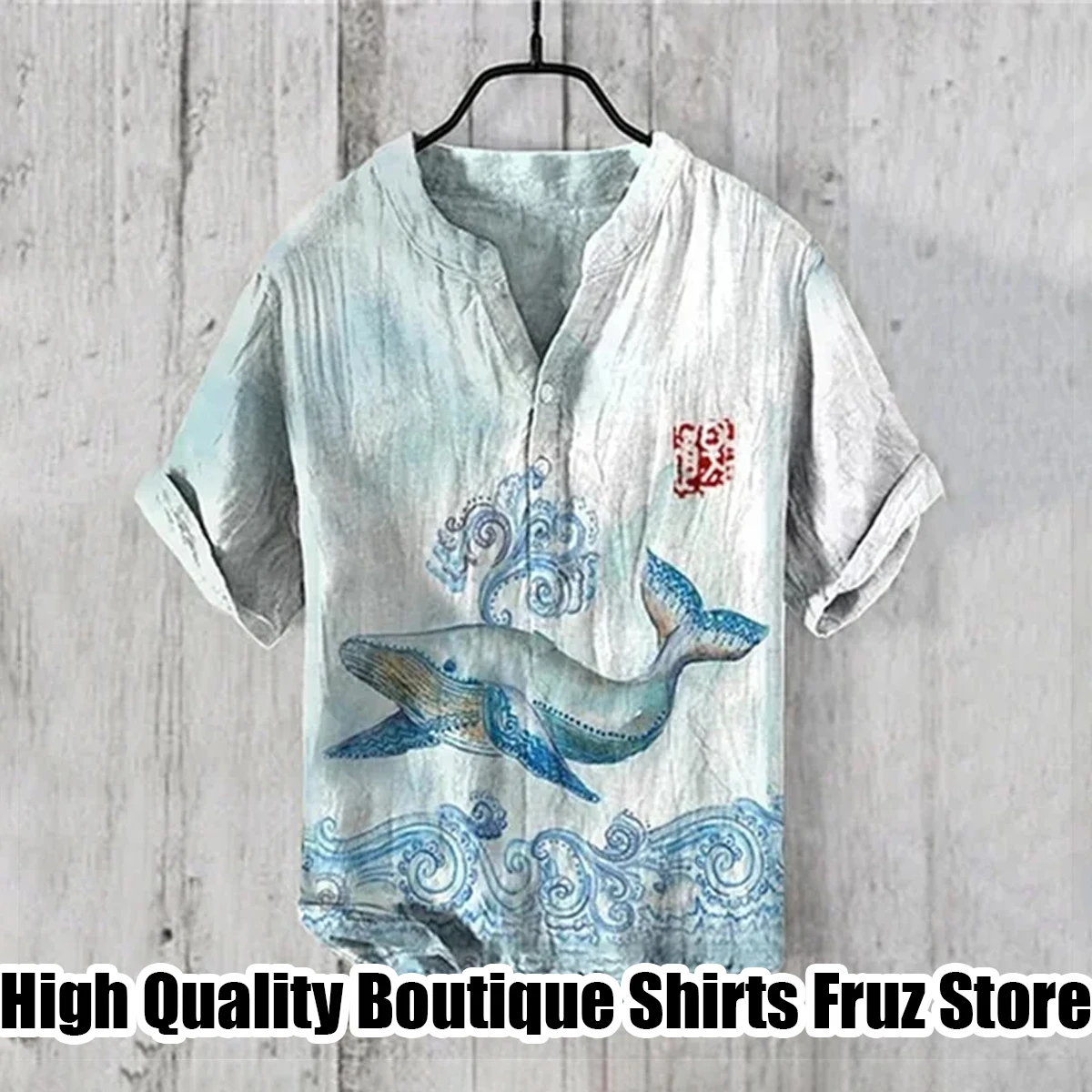 Men's V-neck printed shirt, linen material, ocean shark series shirt, large size, casual and comfortable loose shirt