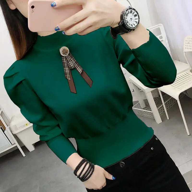 Sweet Stand Collar Spliced Bow Puff Sleeve Sweaters Female Clothing 2024 Spring New Loose Knitted Korean Pullovers Casual Tops