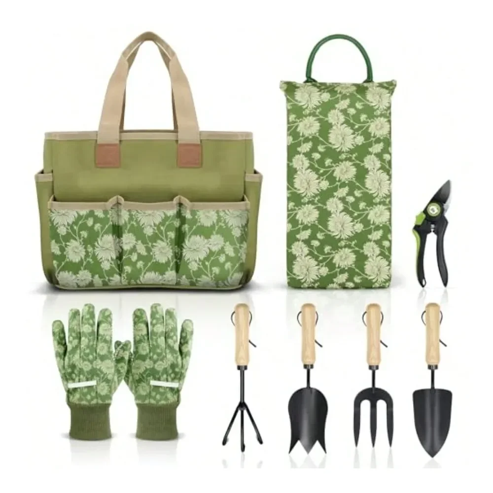 

Garden Tools Set 8 Piece Heavy Duty Gardening Tools With Wooden Handle Including Garden Tote Kneeling Pad Gloves Pruner Trowel
