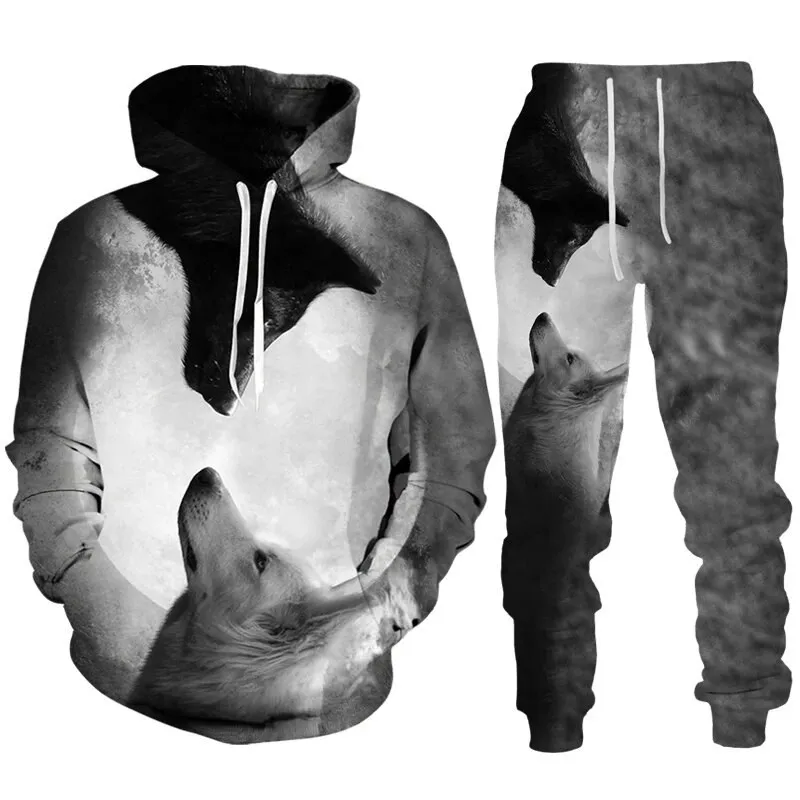 Nuovi uomini animale lupo felpa con cappuccio stampato maschio autunno casual felpa pantaloni sportivi pullover uomo tuta set abbigliamento da uomo vestito