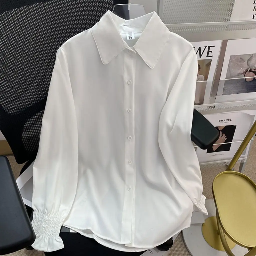 White Shirts For Womens Spring New Lantern Long Sleeve Casual Solid Tops Korean Fashion Ladies Blouse Winer Inner Clothes Trend