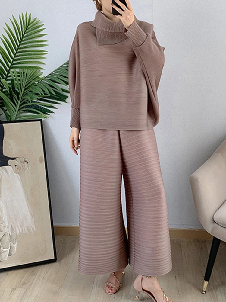 GVUW Pleated Pants Set Women Fashion Lapel Full Batwing Sleeve Loose Top + Wide Leg Trousers New Summer 2024 Clothing 17G6138