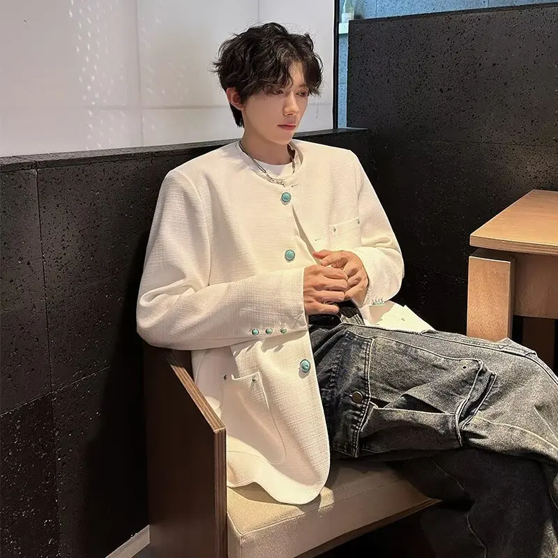 

Белая корейская повседневная мужская куртка с подкладкой и овальными плечами, свободная посадка, американское пальто на пуговицах, без наполнения