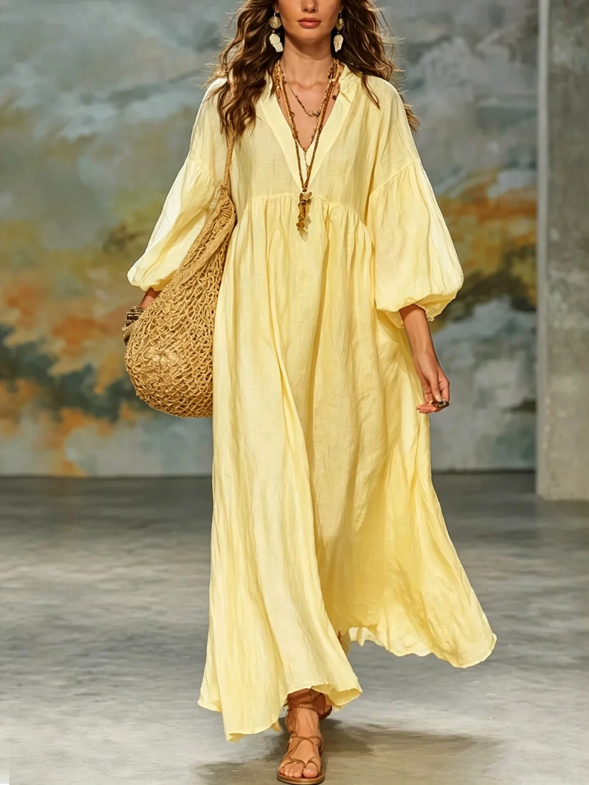 Damen-Kleid aus Kunstdenim und Mesh, Midi-Länge, mit Revers, transparenten langen Puffärmeln, schmaler Passform, asymmetrischer Rüsche und High-Low-Saum, Streetwear-Partykleid – Detail 7