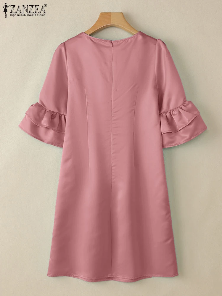 Elegante festa midi vestidos femininos 2025 vestido de verão zanzea elegante manga curta ol trabalho vestido de verão sólido na altura do joelho vestidos robe