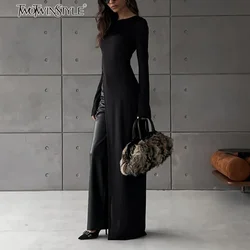 TWOTWINSTYLE Solid Slimming Split Sexy Dresses for Women Round Neck Long Sleeves Irregular Temperament Dress Female Clothing New