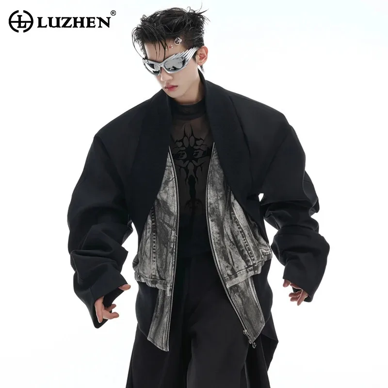 LUZHEN Fake Two-piece Design Jacket Cowboy Patchwork Wornout Personalized Trendy Street Men's Clothing American Design LZ6407