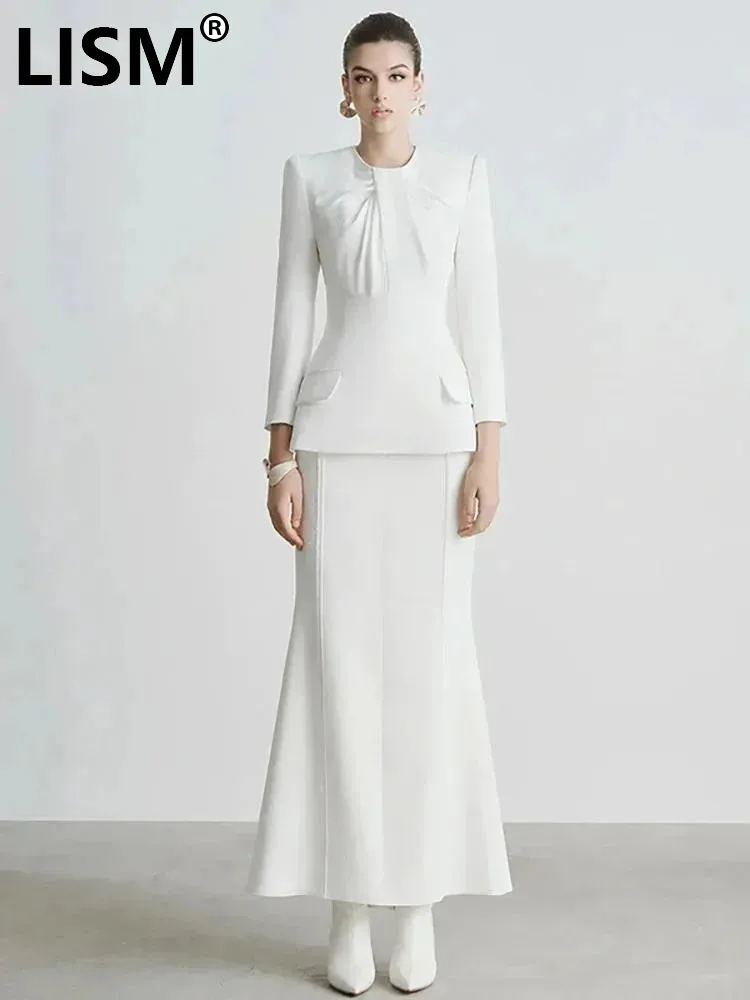 

LISM Women's 2 Pcs Set O-neck Pleated Shoulder Pad Waist Cross Top Solid Color Slim Elegant Skirt Suit Spring 2024 New 13DB3880