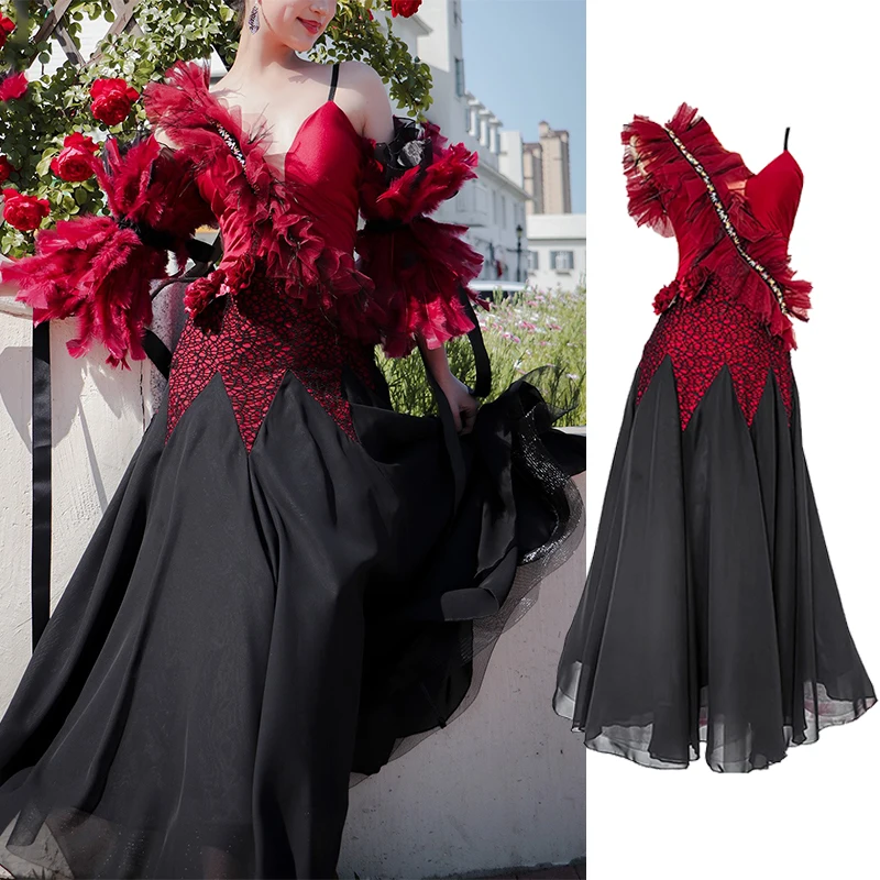 

High End Customized Ballroom Dance Competition Dresses For Women Feather Big Swing Waltz Modern Dance Performance Wear DN21535