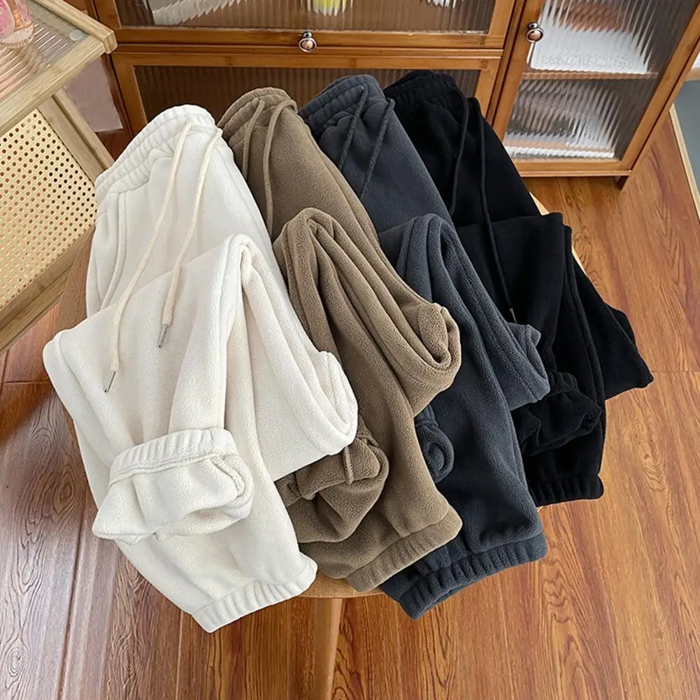 

Women Winter Fall Pants Thickened Plush Loose Leg Drawstring Warm Heat Retention Solid Color Pockets Ankle-banded Harem Pants