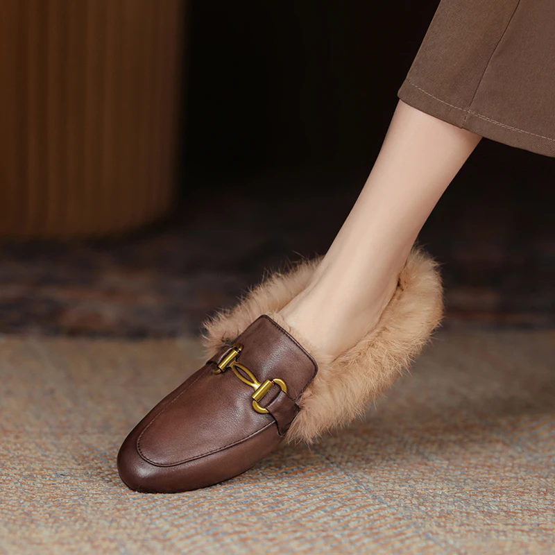 

Women's Almond Toe Leather Fur-Lined Mules Gold-Tone Horsebit Low-Heel Flat Loafers Lamb Fur Insole Slip-On Clogs Winter Shoes