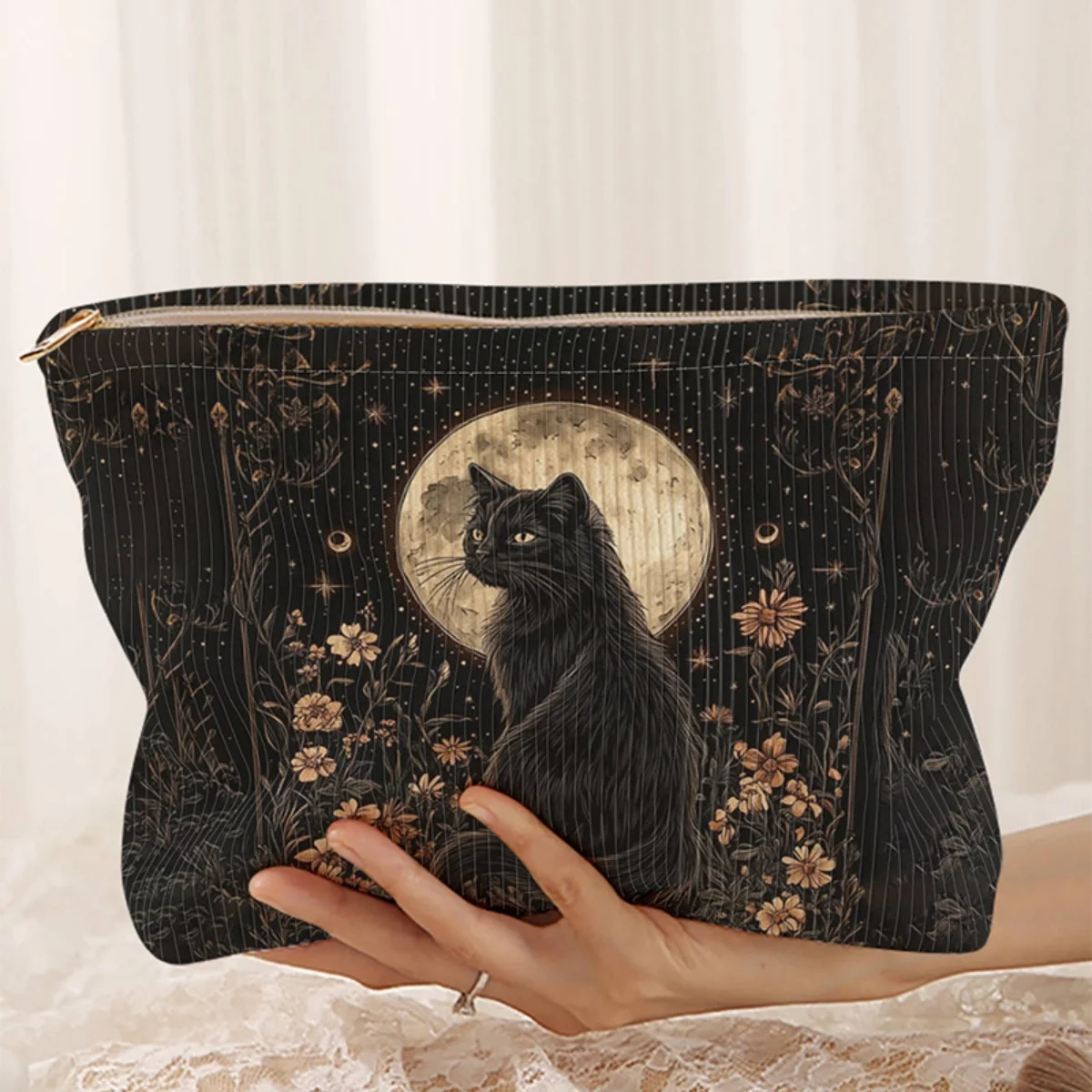 Cat patterned corduroy makeup bag, lightweight zipper storage box, multifunctional bag with lining, used for storing cosmetics