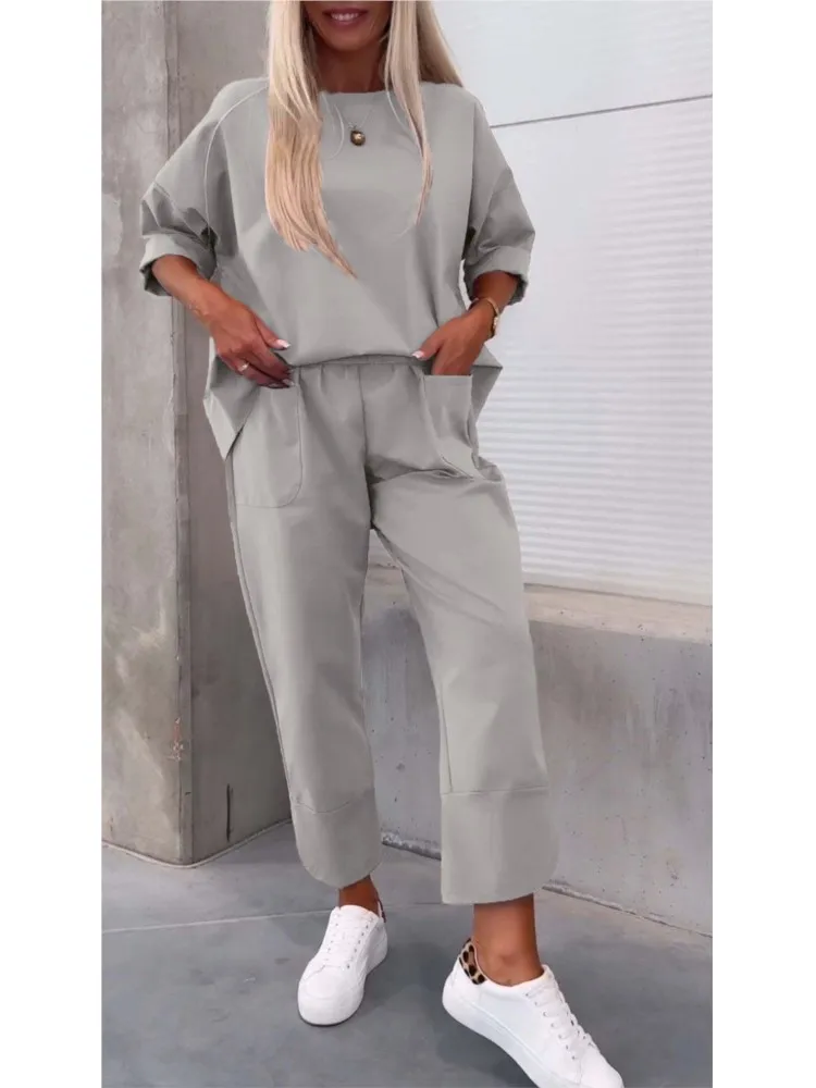 Autumn Casual Round Neck Pocket Tracksuit Retro Solid Women Top And Pants Sets 2024 Fashion Winter Long Sleeve Loose Female Set