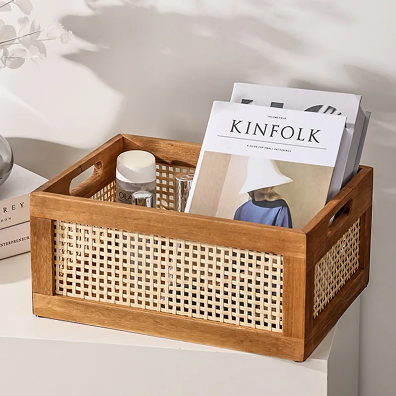 

Kitchen Desktop Solid Wood Storage Box Retro Rattan Basket Book Snacks Cosmetics Organizer home appliance Bathroom Accessories