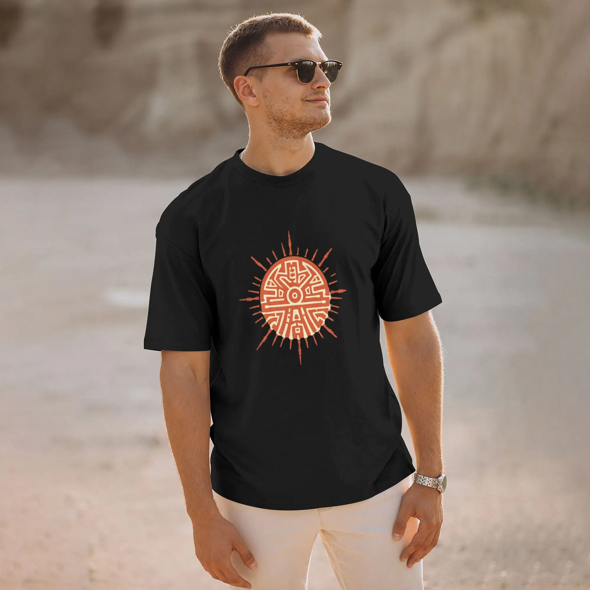 Sun Symbol With Intricate Design T-Shirt Men  Crazy Cotton Tee Shirt Crewneck Short Sleeve T Shirts 4XL 5XL Clothes