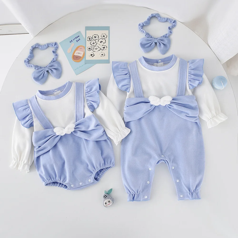 

​​2025 Fall Baby Girl Romper Long Sleeve Onesie Blue Wing Print Bodysuit Soft Cotton Newborn Outfit 0-24 Months Cute Outfit