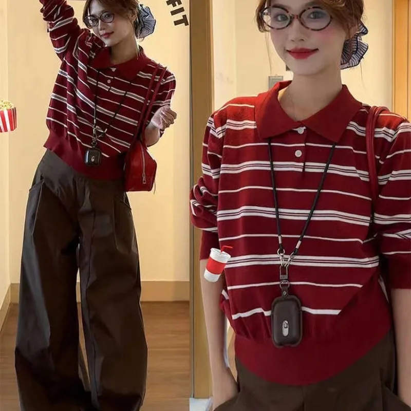 

Red Striped Polo Collar Knitted Sweater Women Loose Long Sleeve Pullover Top Jumper Women Clothing