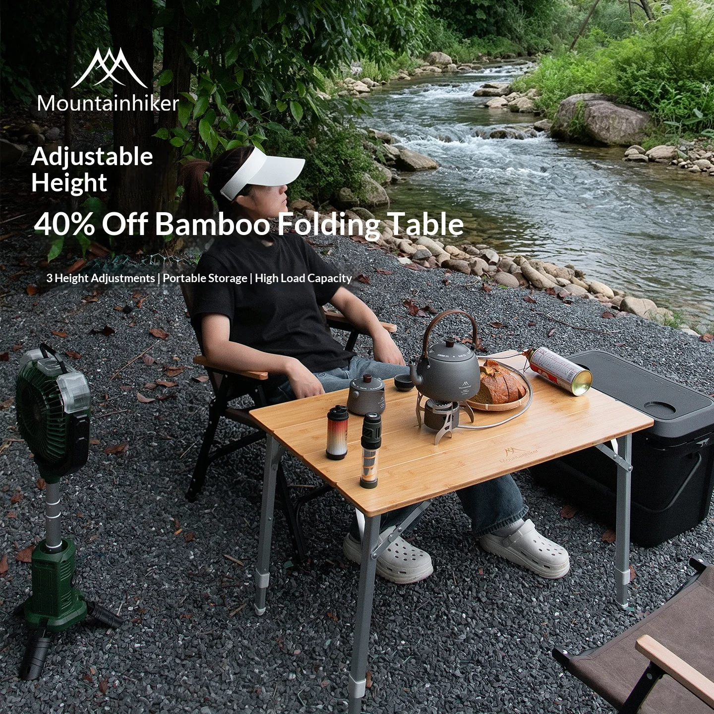 MOUNTAINHIKER New 4-Fold Bamboo Camping Table Adjustable Height Aluminum Frame Portable Foldable Picnic Desk with Carry Bag