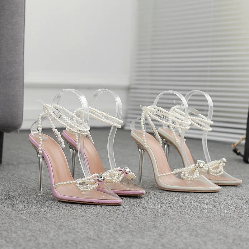 European and American New Butterfly Pearl Rhinestone Fashion Pointed Clear Crystal Heel High Heel Women's Sandals view 5