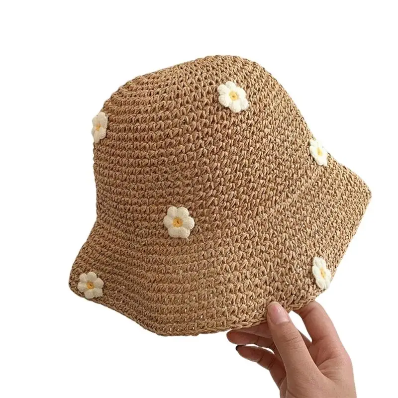 

31BB Stylish Foldable Wide Brimmed Straw Hat For Women Summer Beach Vacation Sun Floral Decor Breathable Design