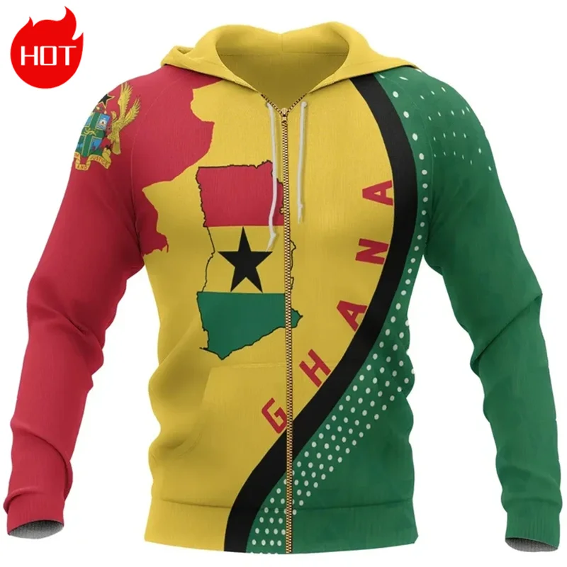 3D Printed African Country Ghana Map Flag Zip Up Hoodies The Republic-of Ghana Emblem Graphic Pullovers Vintage Mens Sweatshirts