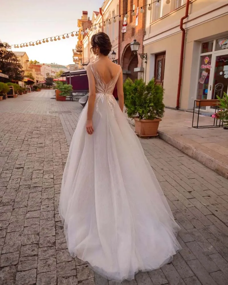 Brilhante lantejoulas apliques de renda vestido de casamento o pescoço boné manga tule trem varredura elegante vestido de noiva robe de mariee