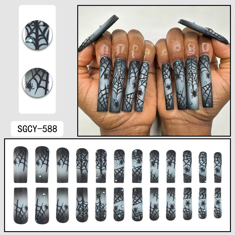 24 Stück dunkelschwarze lange Sarg-Kunstnägel, schwarz, weiß, bunt bemalt, Spinnennetz-Design, künstliche Nägel, Halloween-Thema, zum Aufdrücken der Nägel