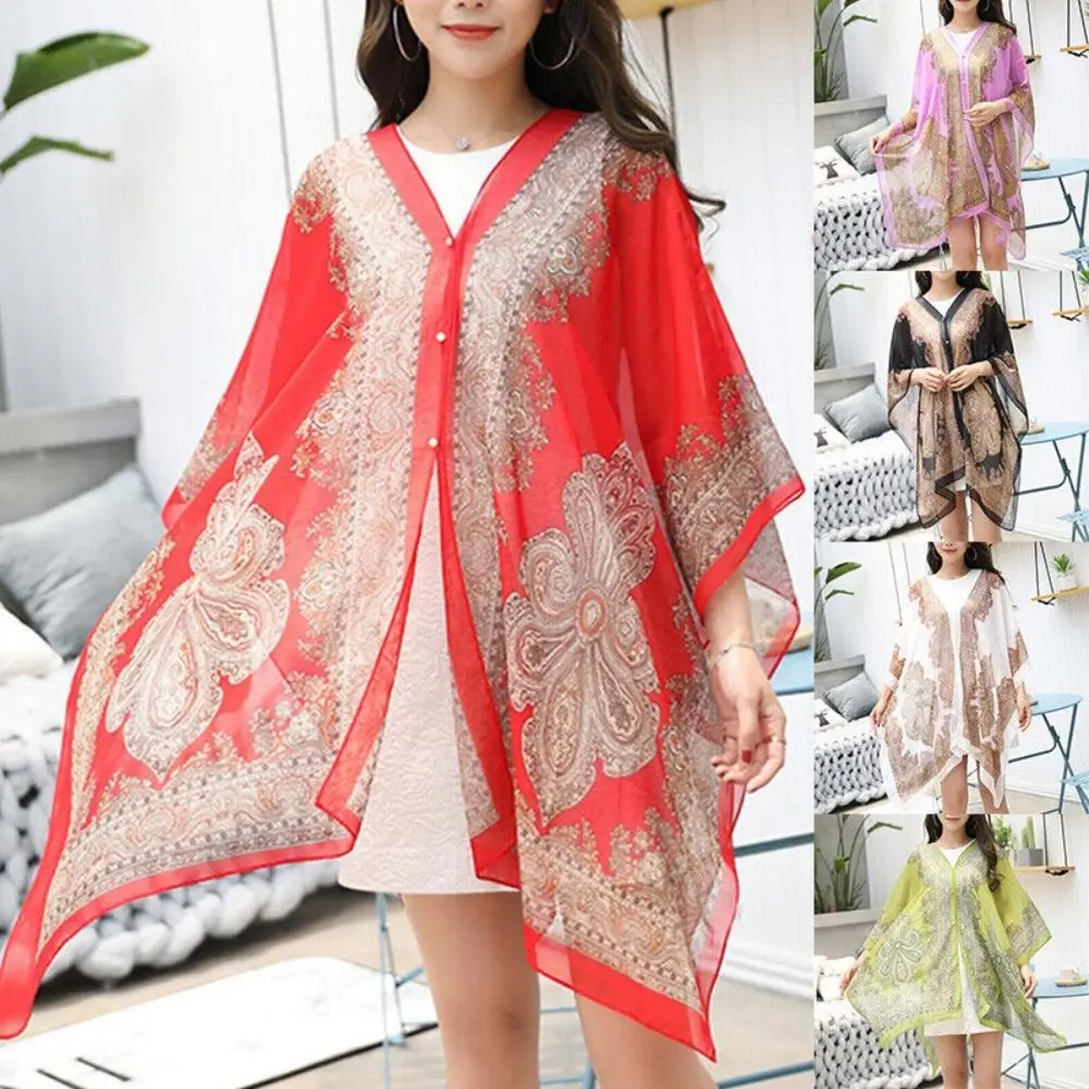 

Fashion Chiffon Shawl Scarf One Size V-neck Poncho Boho Swimwear Kaftan Top Beach