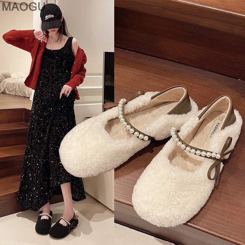 

Women's Pearl Strap Bow Flat Shoes 2025 Autumn Korean Style Faux Fur Moccasins Comfortable Indoor Outdoor Casual Shoes Slip On