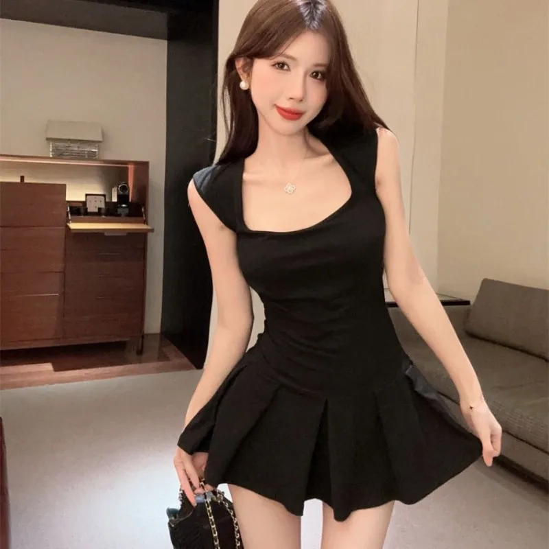 Fashion Sexy Backless Lace Up Black Dresses Y2k E-Girl Slim Waist Dress for Women 2024 Summer New A-line Vestidos Mujer