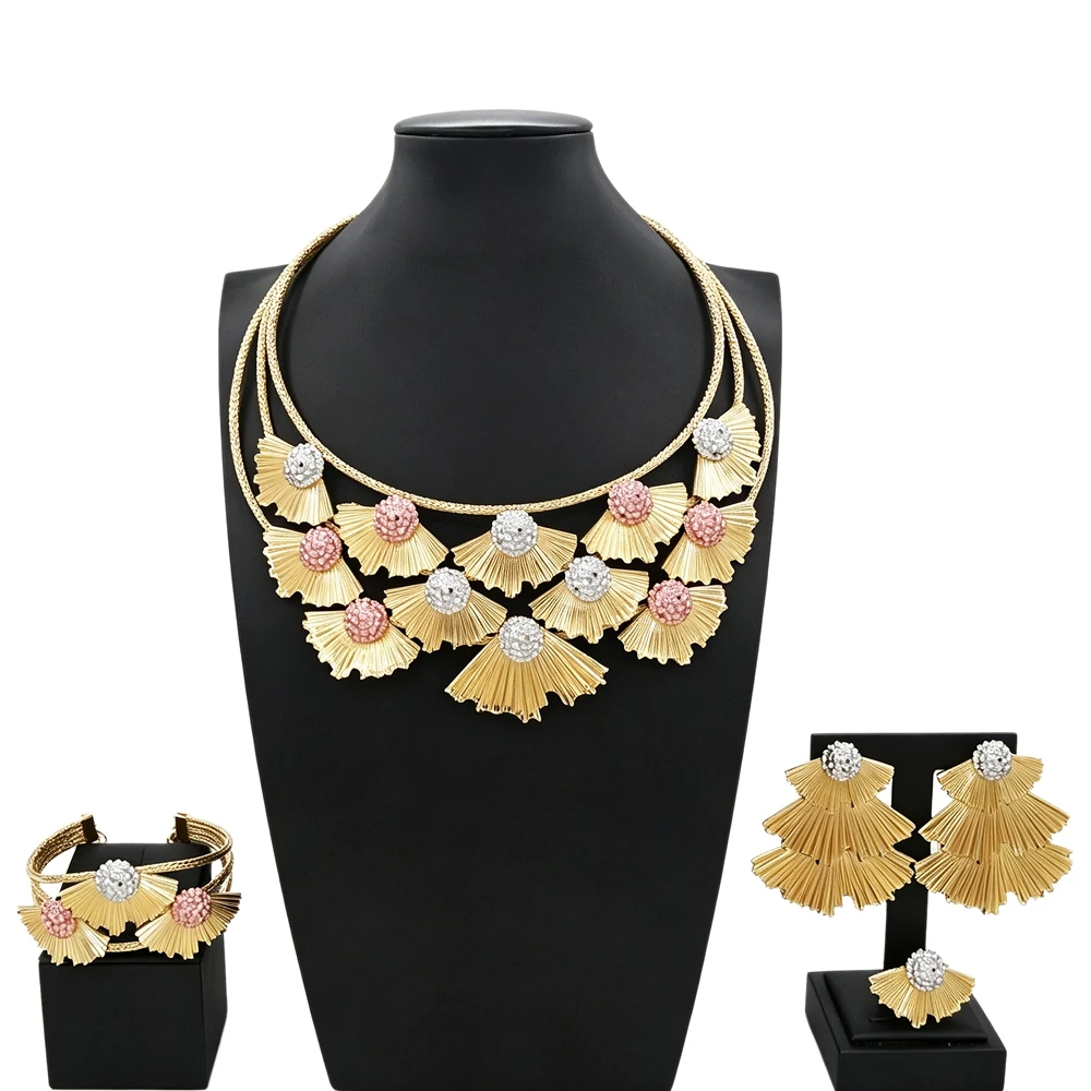 New African Women Gold Plated Jewelry Set Fan‑Shape Leaf Crystal Rhinestone Necklace Earrings Bracelet Ring Bridal Wedding Party