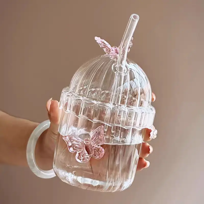 Creative Butterfly Straw Cup Borosilicate Glass Juice Cup High Value Milk Cup Cold Drink Cup
