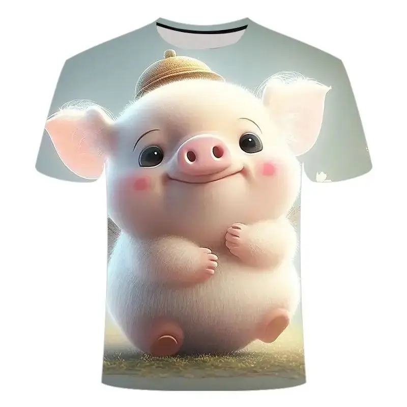 Men's Summer Super Cute Piggy Pattern Fun T-Shirt Hd 3d Printing Personality Casual Large Size Round Neck Short Sleeve Top