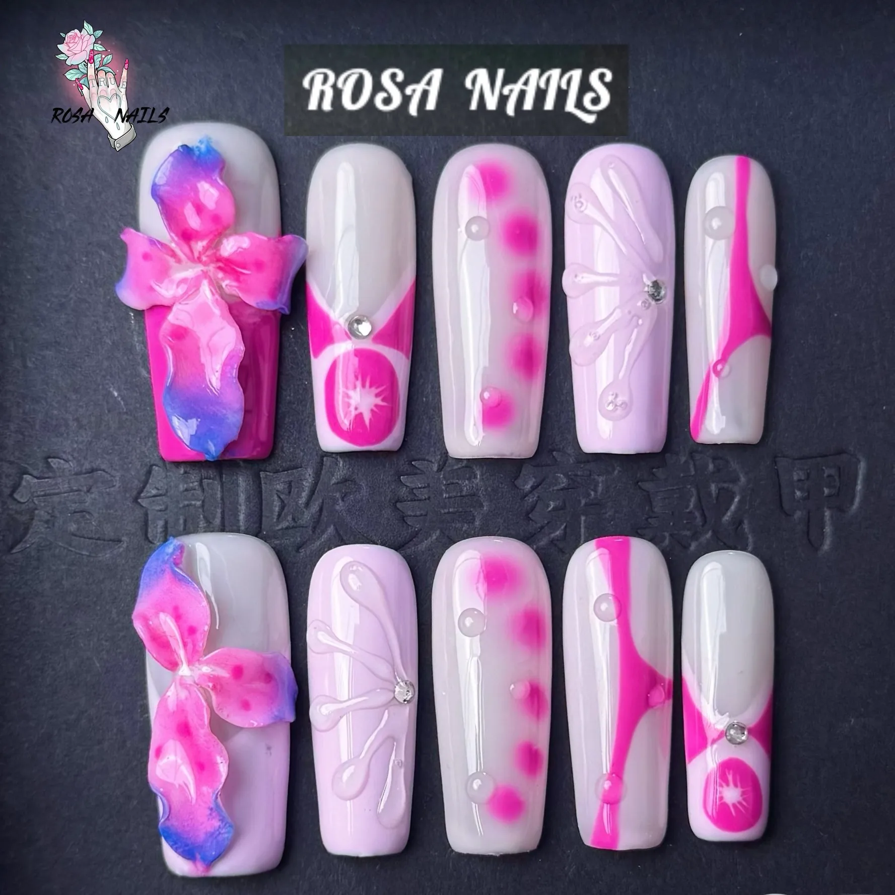 

3D Flower Nail Art Fake Nails Handmade 10pcs Press On Nails Long Square Coffin French Tips Pink Flowers Removable False Nails