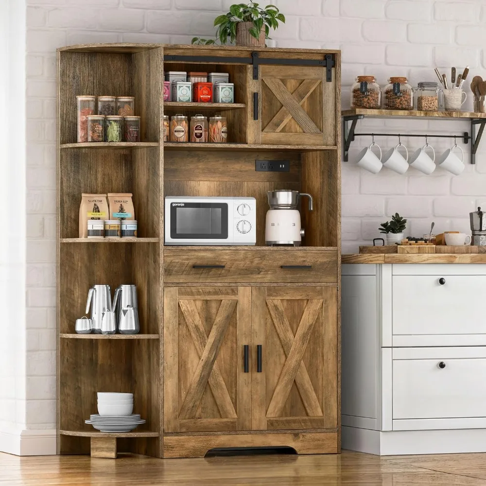 

67" Farmhouse Kitchen Pantry Storage Cabinet w/Sliding Barn Door ＆ Power Outlet, Freestanding Hutch with Shelves & Drawers