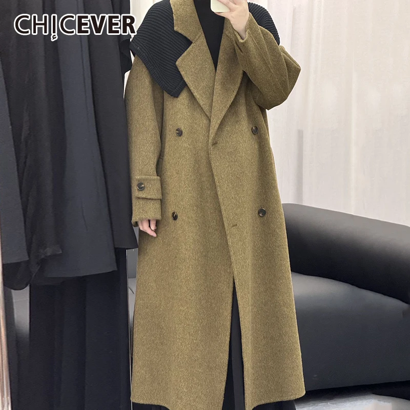 

CHICEVER Elegant Spliced Knit Shawl Trench For Women Lapel Long Sleeve Patchwork Lace Up Hit Color Woolen Coats Female Clothing