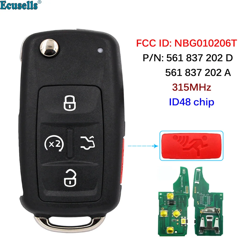 

Flip Remote Key Fob 315MHz ID48 chip for Golf Jetta GTI Tiguan Beetle Passat Touareg NBG010206T 561 837 202 D/561 837 202 A